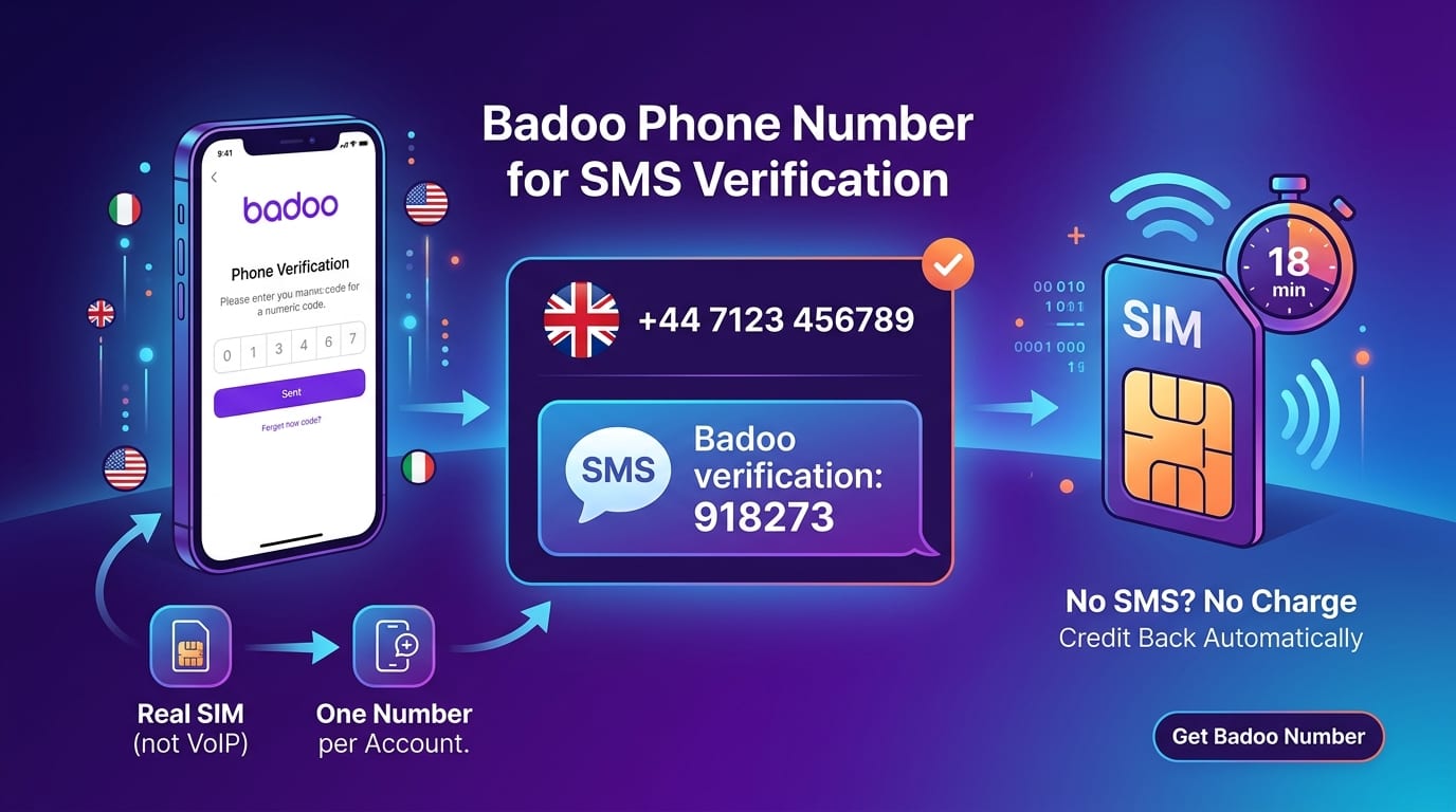 Badoo phone verification screen with a Numbers for Dating number