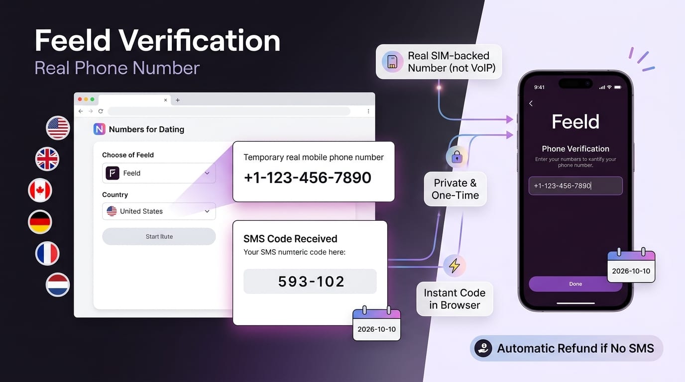Feeld-Verifizierungsbildschirm mit einer Numbers for Dating-Nummer