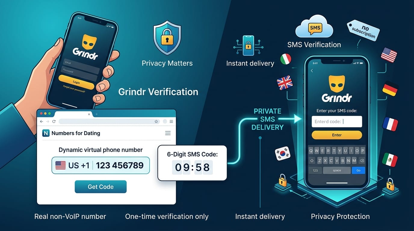 Pantalla de verificación de Grindr con un número de Numbers for Dating