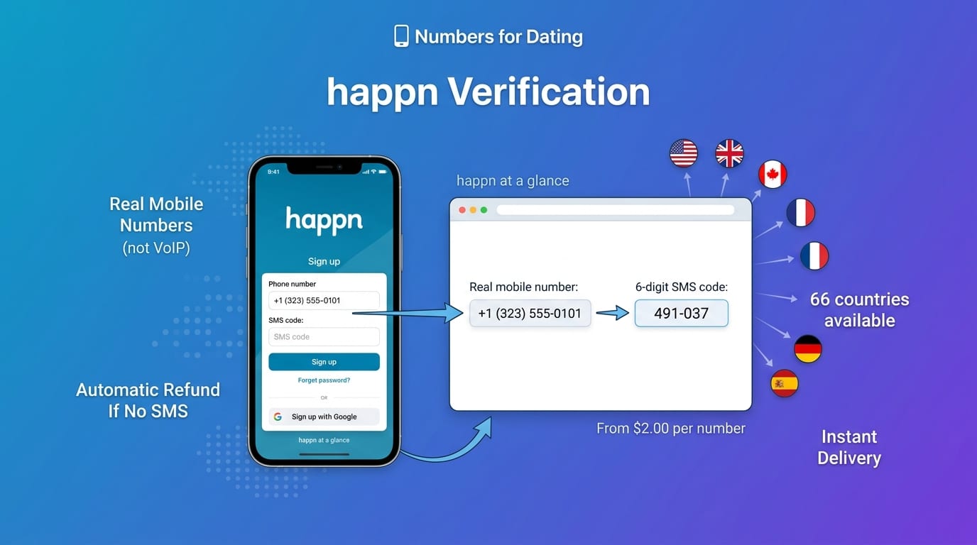happn phone verification screen with a Numbers for Dating number