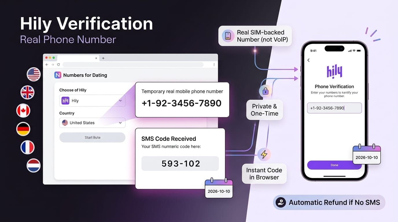 Pantalla de verificación de Hily con un número de Numbers for Dating
