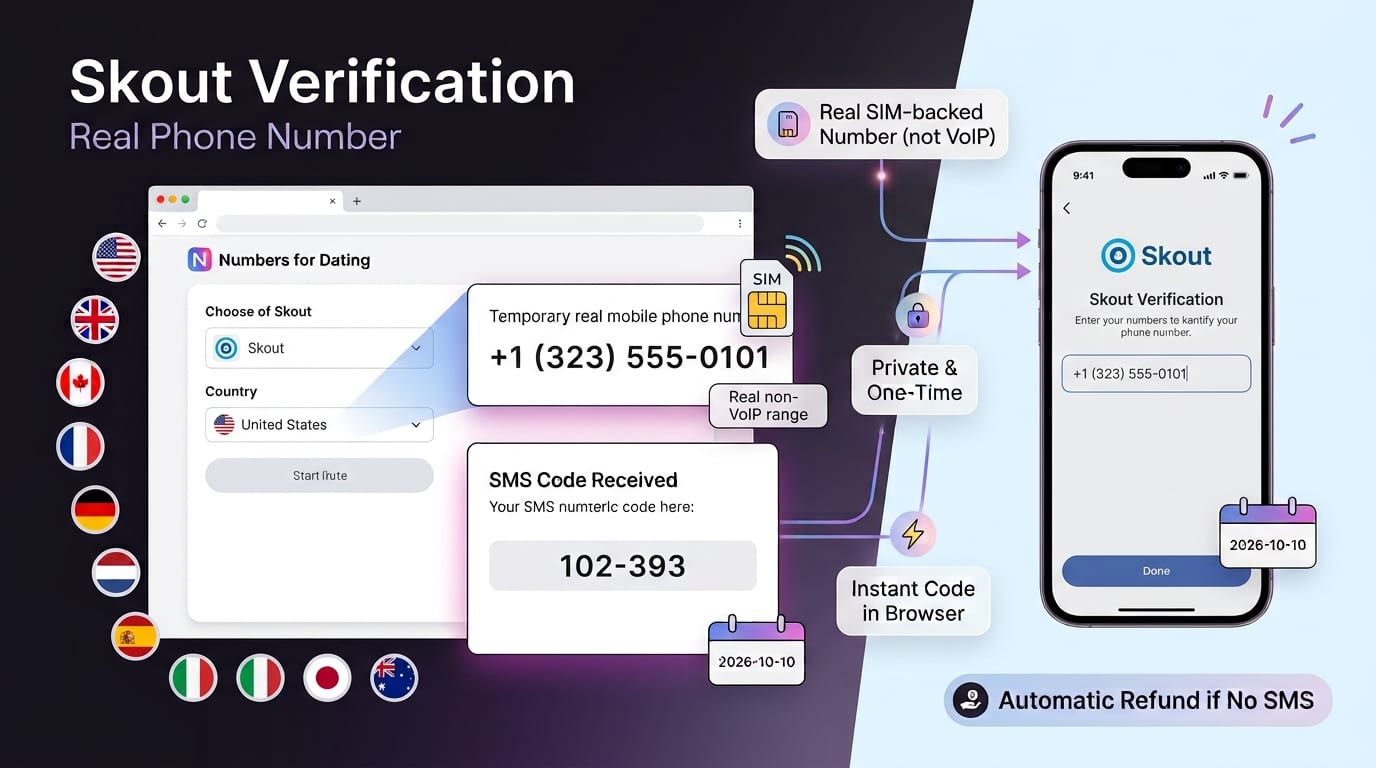 Pantalla de verificación de Skout con un número de Numbers for Dating