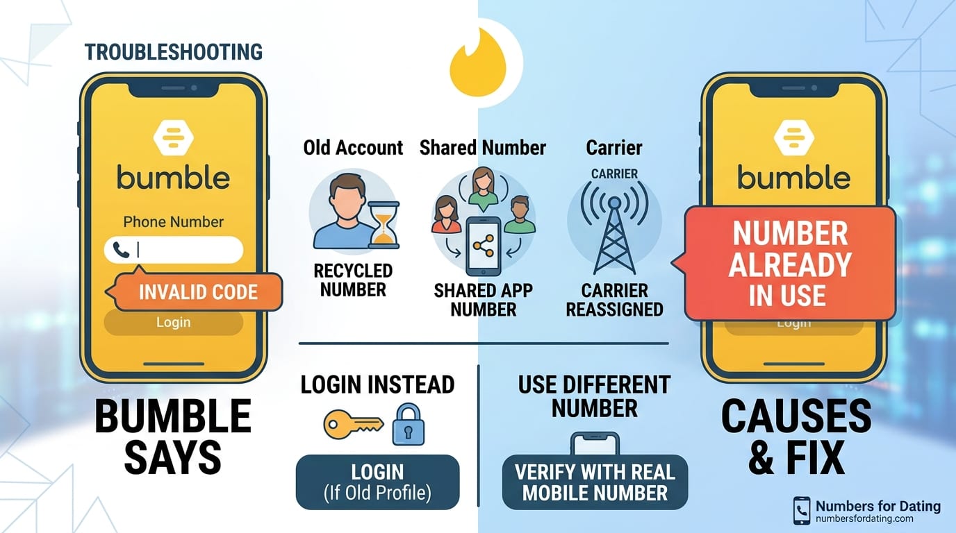 Bumble error message saying the phone number is already in use