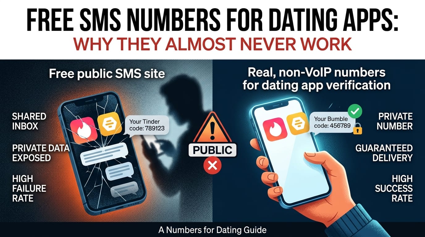 Split comparison: a free public SMS site with a shared inbox and an exposed Tinder code on one side, a private non-VoIP number receiving a Bumble code on the other