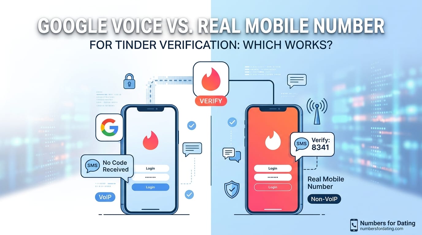 Google Voice number compared with a real mobile number on Tinder's verification screen