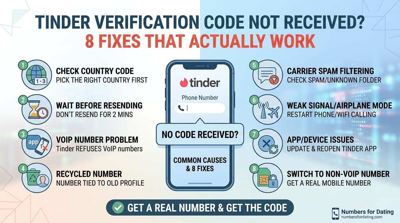 Tinder phone verification screen waiting for an SMS code