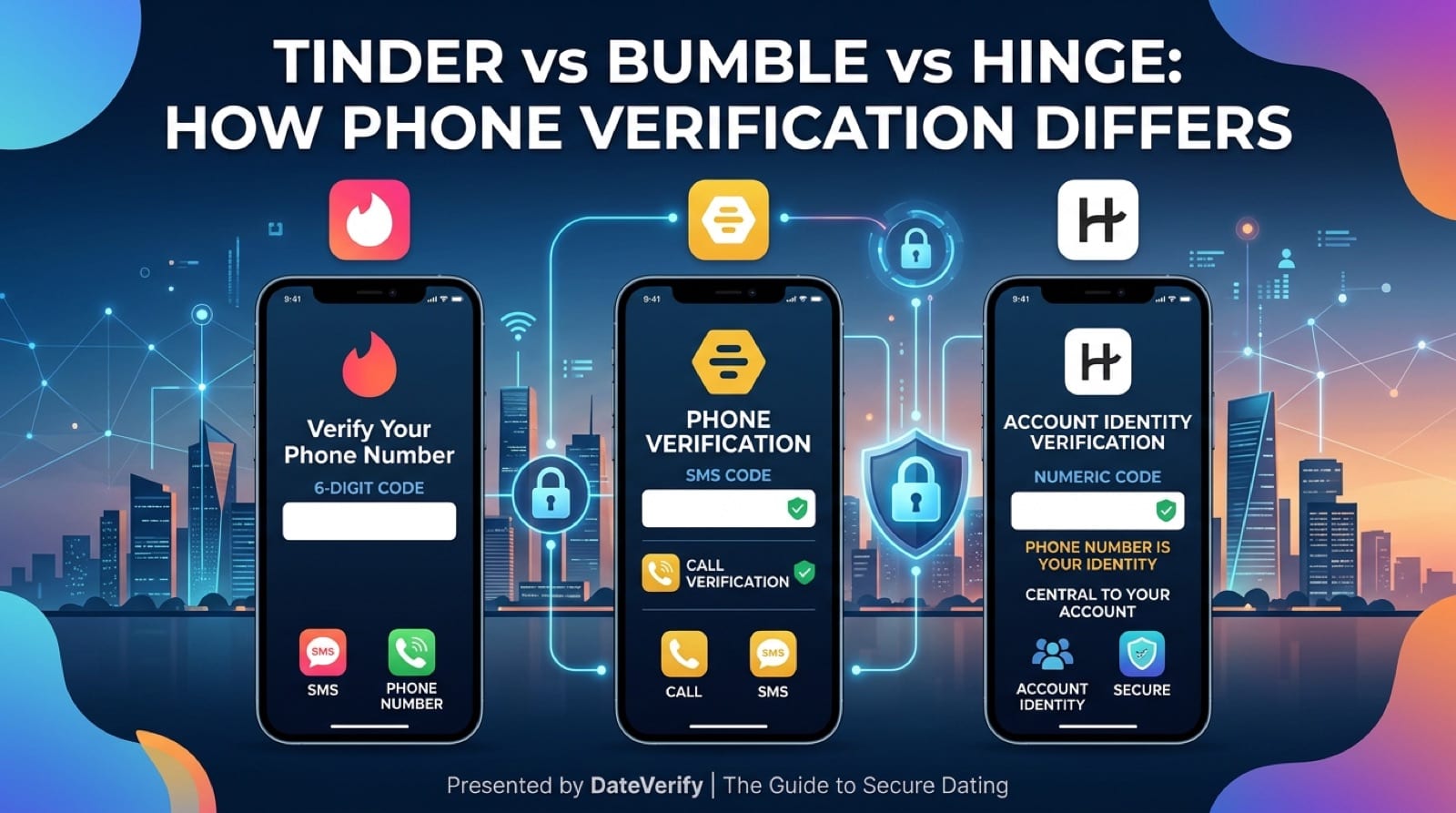 Infographic comparing the Tinder, Bumble and Hinge phone verification screens