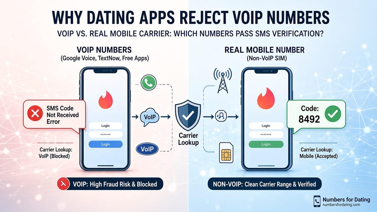 Diagram showing a VoIP number blocked and a mobile number accepted
