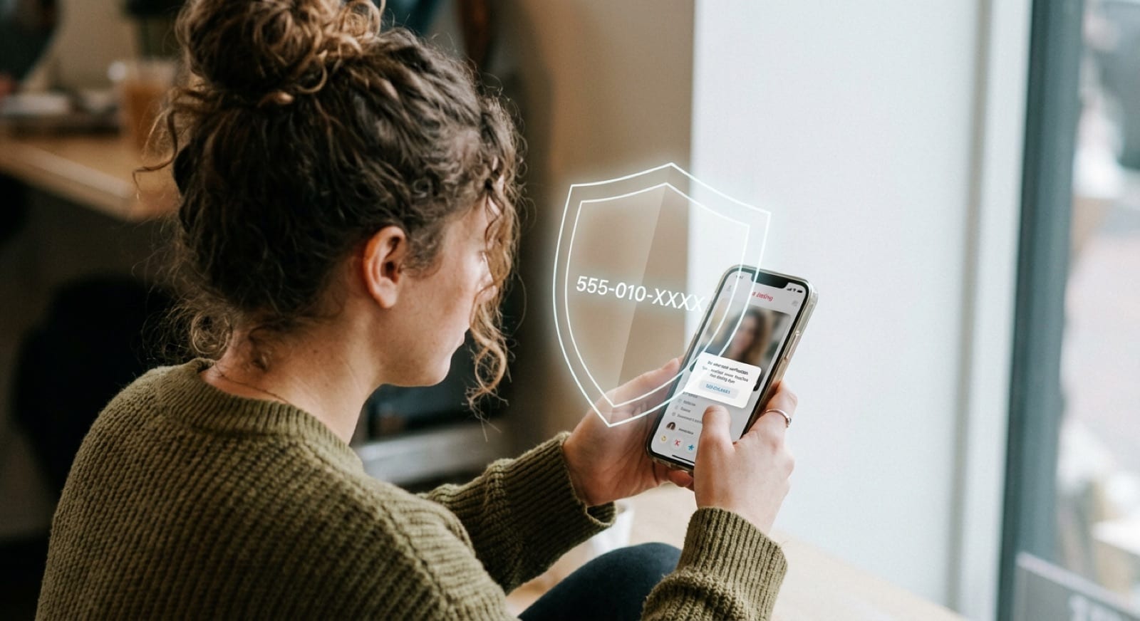 Frau verifiziert eine Dating-App auf dem Handy, ein Schild schützt ihre Nummer